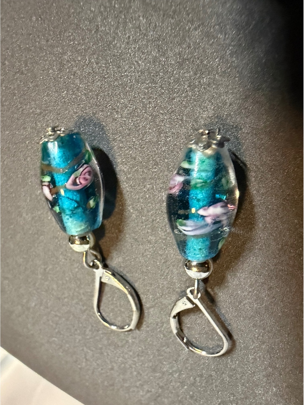 Blue marbled bead drop earrings